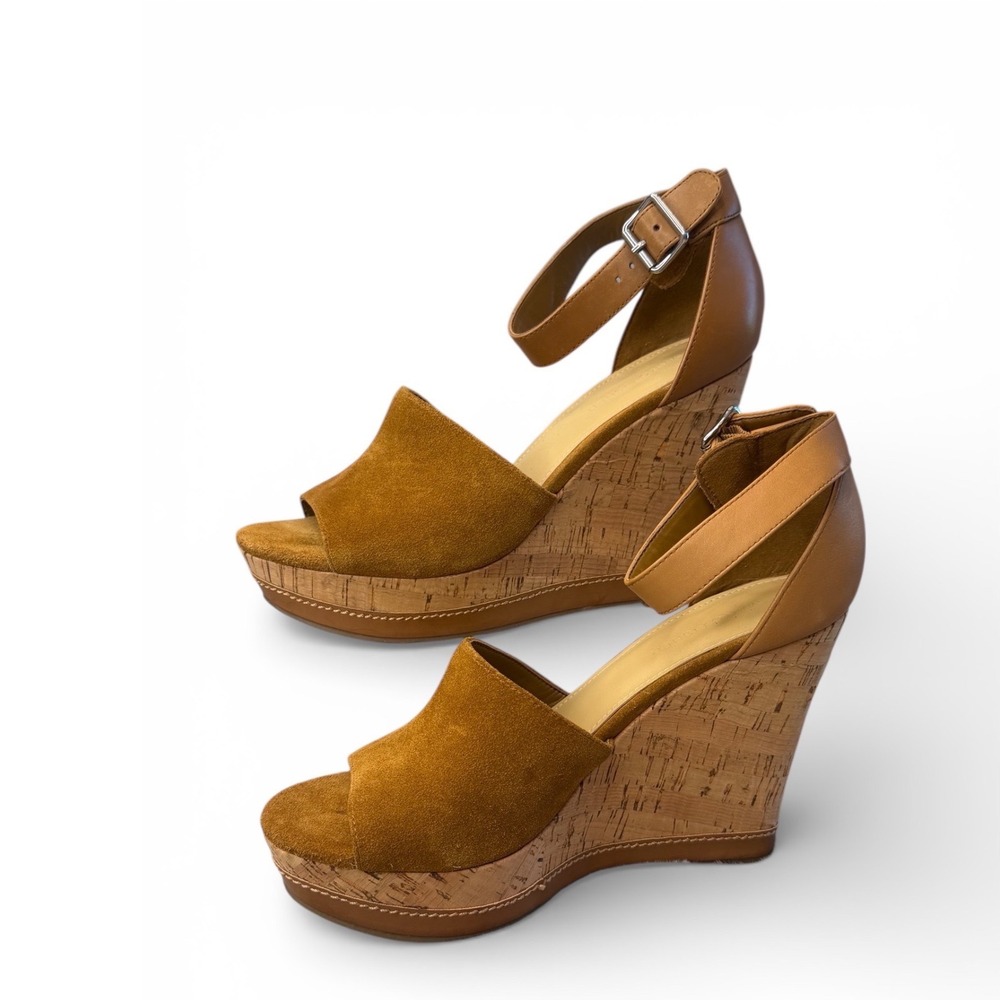 Marc Fisher Hillory Tan Suede Cork Platform Wedge Sandals Ankle Strap Womens 10M - Picture 2 of 11